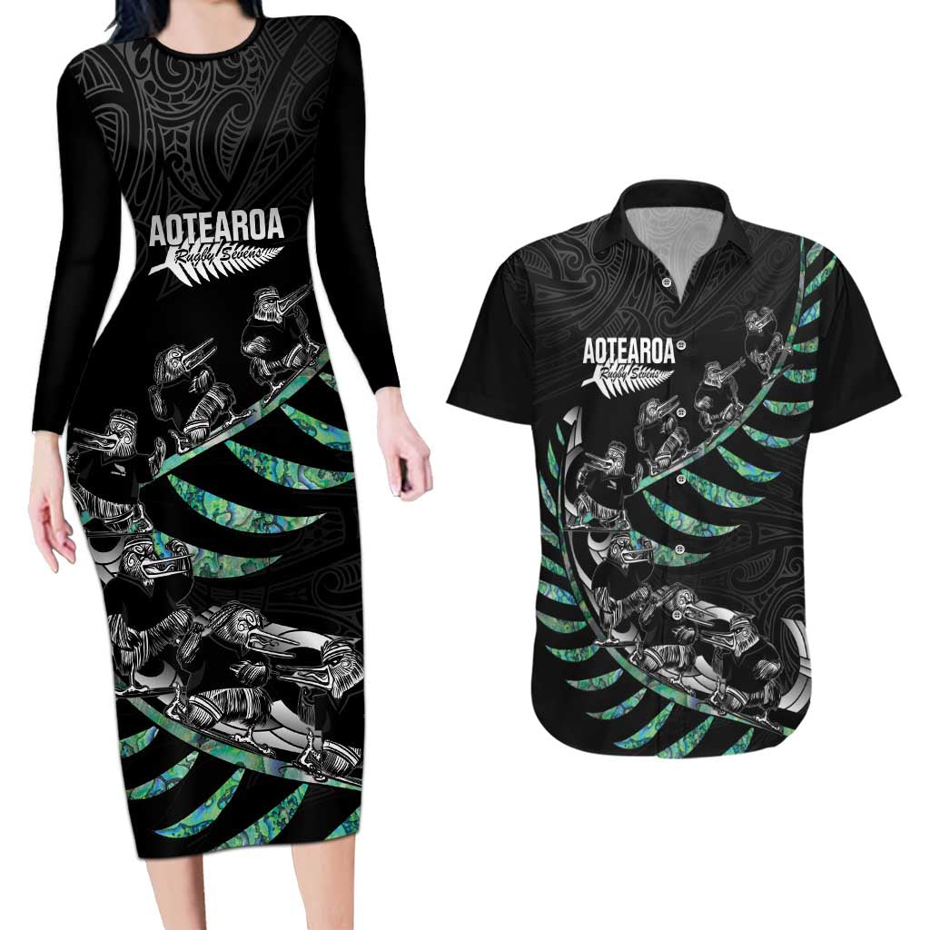 Custom New Zealand Silver Fern Rugby Couples Matching Long Sleeve Bodycon Dress and Hawaiian Shirt Aotearoa Kiwi Maori Pattern LT14 Black - Polynesian Pride