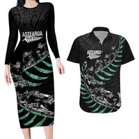 Custom New Zealand Silver Fern Rugby Couples Matching Long Sleeve Bodycon Dress and Hawaiian Shirt Aotearoa Kiwi Maori Pattern LT14 Black - Polynesian Pride