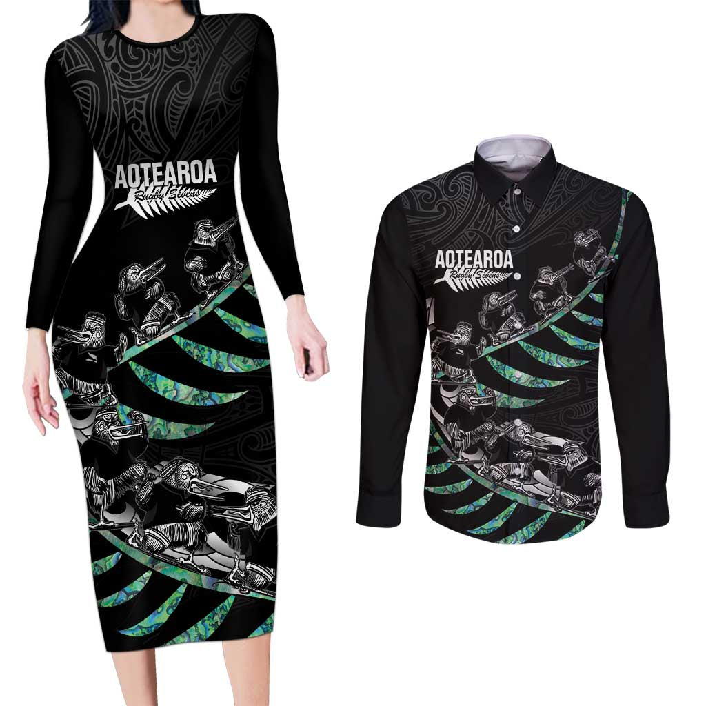 Custom New Zealand Silver Fern Rugby Couples Matching Long Sleeve Bodycon Dress and Long Sleeve Button Shirt Aotearoa Kiwi Maori Pattern LT14 Black - Polynesian Pride