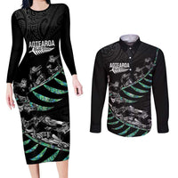 Custom New Zealand Silver Fern Rugby Couples Matching Long Sleeve Bodycon Dress and Long Sleeve Button Shirt Aotearoa Kiwi Maori Pattern LT14 Black - Polynesian Pride