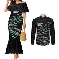 Custom New Zealand Silver Fern Rugby Couples Matching Mermaid Dress and Long Sleeve Button Shirt Aotearoa Kiwi Maori Pattern LT14 Black - Polynesian Pride