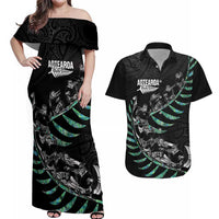 Custom New Zealand Silver Fern Rugby Couples Matching Off Shoulder Maxi Dress and Hawaiian Shirt Aotearoa Kiwi Maori Pattern LT14 Black - Polynesian Pride