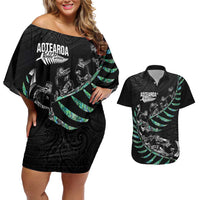 Custom New Zealand Silver Fern Rugby Couples Matching Off Shoulder Short Dress and Hawaiian Shirt Aotearoa Kiwi Maori Pattern LT14 Black - Polynesian Pride