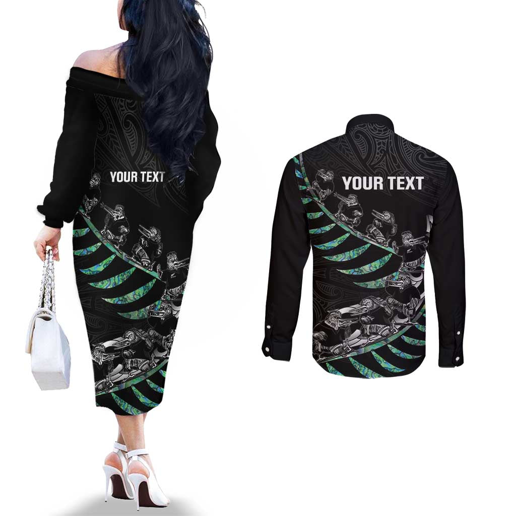 Custom New Zealand Silver Fern Rugby Couples Matching Off The Shoulder Long Sleeve Dress and Long Sleeve Button Shirt Aotearoa Kiwi Maori Pattern LT14 - Polynesian Pride