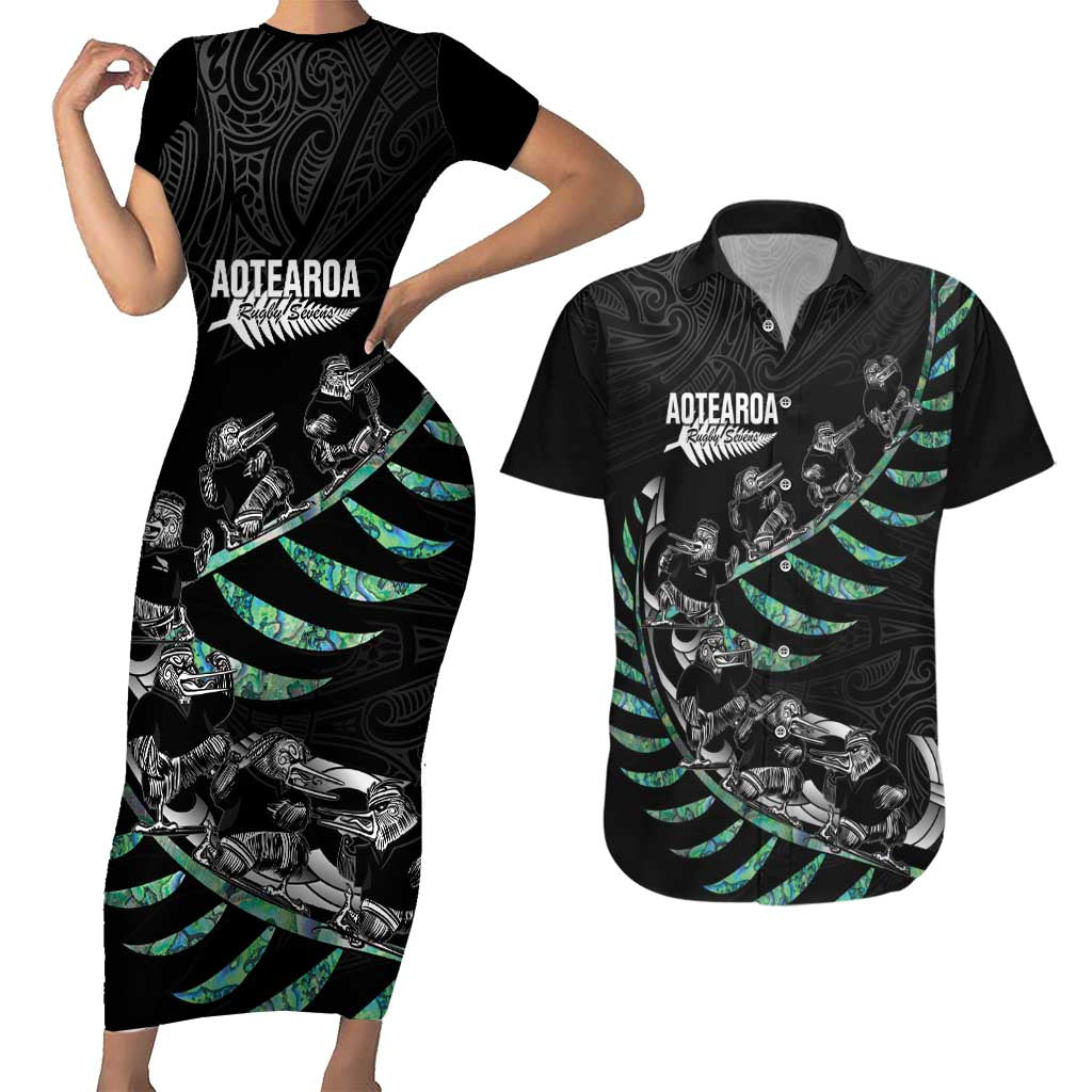 Custom New Zealand Silver Fern Rugby Couples Matching Short Sleeve Bodycon Dress and Hawaiian Shirt Aotearoa Kiwi Maori Pattern LT14 Black - Polynesian Pride