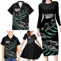 Custom New Zealand Silver Fern Rugby Family Matching Long Sleeve Bodycon Dress and Hawaiian Shirt Aotearoa Kiwi Maori Pattern LT14 - Polynesian Pride
