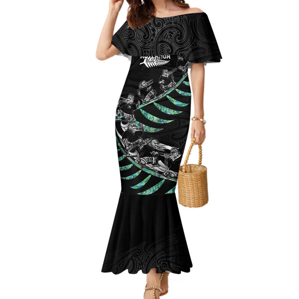 Custom New Zealand Silver Fern Rugby Family Matching Mermaid Dress and Hawaiian Shirt Aotearoa Kiwi Maori Pattern LT14 Mom's Dress Black - Polynesian Pride