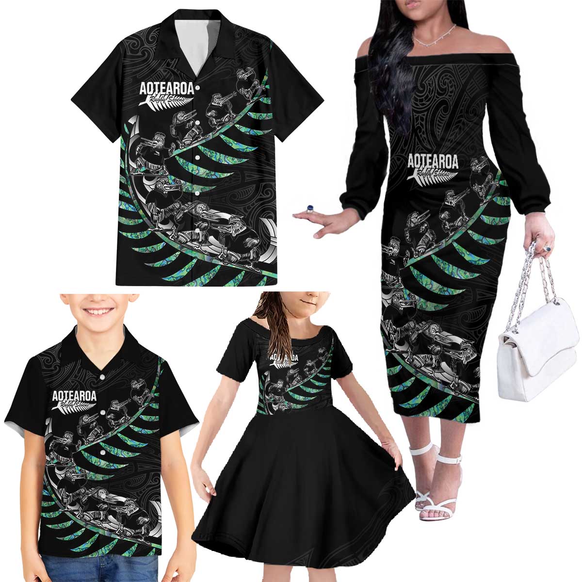 Custom New Zealand Silver Fern Rugby Family Matching Off The Shoulder Long Sleeve Dress and Hawaiian Shirt Aotearoa Kiwi Maori Pattern LT14 - Polynesian Pride