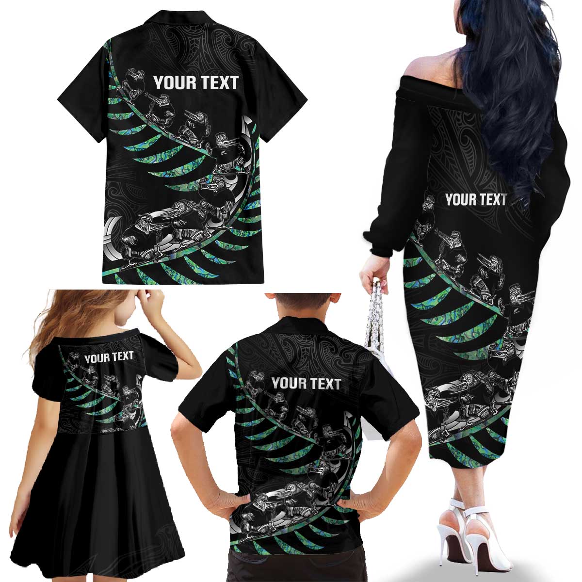 Custom New Zealand Silver Fern Rugby Family Matching Off The Shoulder Long Sleeve Dress and Hawaiian Shirt Aotearoa Kiwi Maori Pattern LT14 - Polynesian Pride