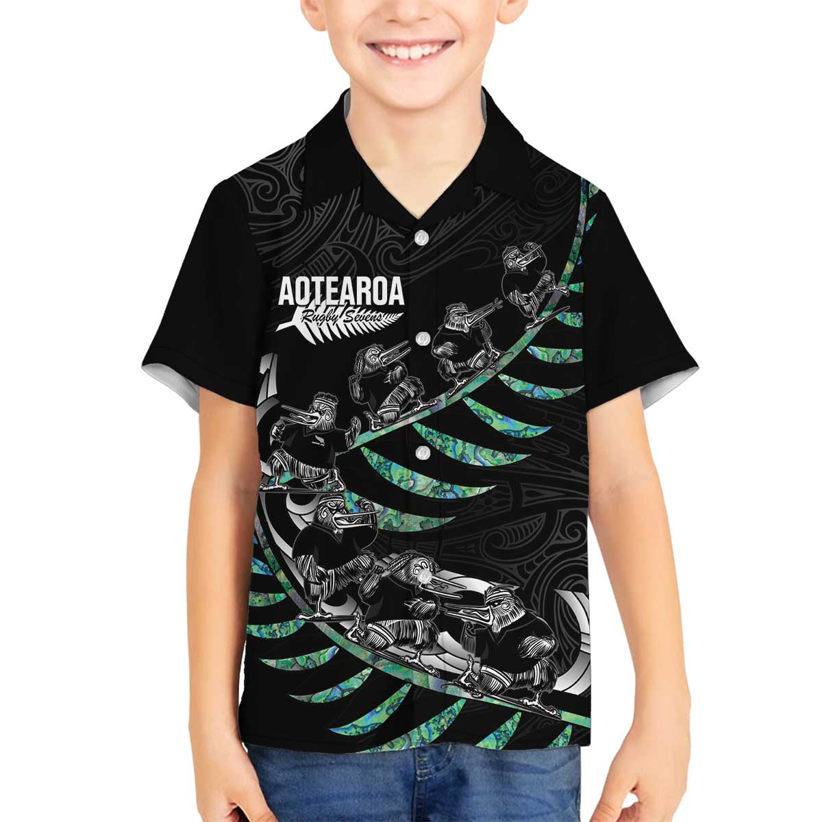 Custom New Zealand Silver Fern Rugby Family Matching Off The Shoulder Long Sleeve Dress and Hawaiian Shirt Aotearoa Kiwi Maori Pattern LT14 Son's Shirt Black - Polynesian Pride