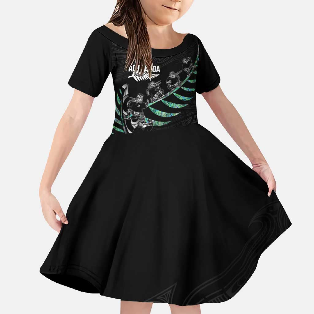 Custom New Zealand Silver Fern Rugby Family Matching Off Shoulder Maxi Dress and Hawaiian Shirt Aotearoa Kiwi Maori Pattern LT14 Daughter's Dress Black - Polynesian Pride