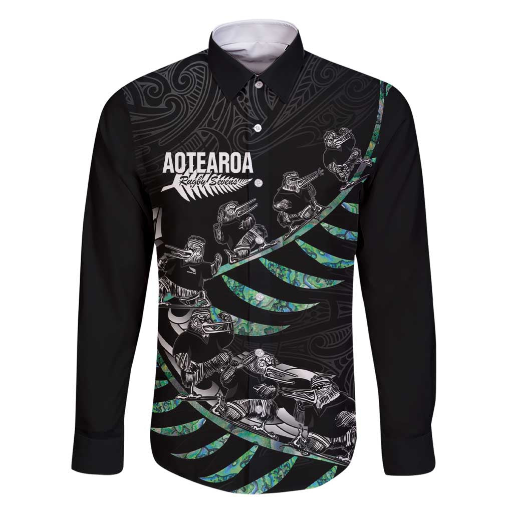 Custom New Zealand Silver Fern Rugby Family Matching Short Sleeve Bodycon Dress and Hawaiian Shirt Aotearoa Kiwi Maori Pattern LT14 Dad's Shirt - Long Sleeve Black - Polynesian Pride