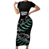 Custom New Zealand Silver Fern Rugby Family Matching Short Sleeve Bodycon Dress and Hawaiian Shirt Aotearoa Kiwi Maori Pattern LT14 Mom's Dress Black - Polynesian Pride
