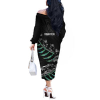 Custom New Zealand Silver Fern Rugby Off The Shoulder Long Sleeve Dress Aotearoa Kiwi Maori Pattern