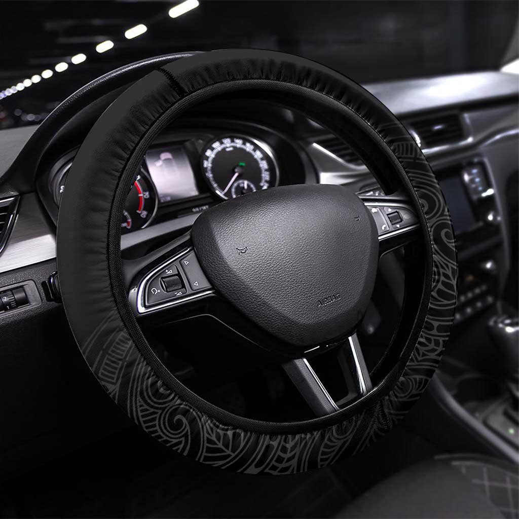 New Zealand Silver Fern Rugby Steering Wheel Cover Aotearoa Kiwi Maori Pattern LT14 Universal Fit Black - Polynesian Pride