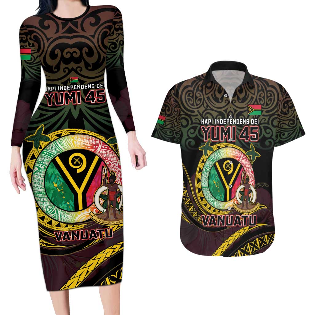 Personalised Vanuatu Couples Matching Long Sleeve Bodycon Dress and Hawaiian Shirt Yumi 45th Hapi Independens Dei - Black Version LT14