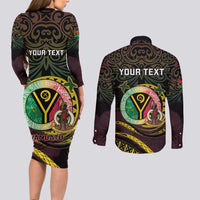 Personalised Vanuatu Couples Matching Long Sleeve Bodycon Dress and Long Sleeve Button Shirt Yumi 45th Hapi Independens Dei - Black Version LT14