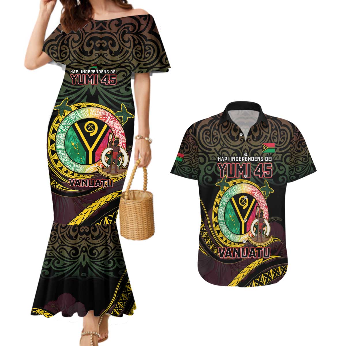 Personalised Vanuatu Couples Matching Mermaid Dress and Hawaiian Shirt Yumi 45th Hapi Independens Dei - Black Version LT14