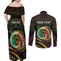 Personalised Vanuatu Couples Matching Off Shoulder Maxi Dress and Long Sleeve Button Shirt Yumi 45th Hapi Independens Dei - Black Version LT14