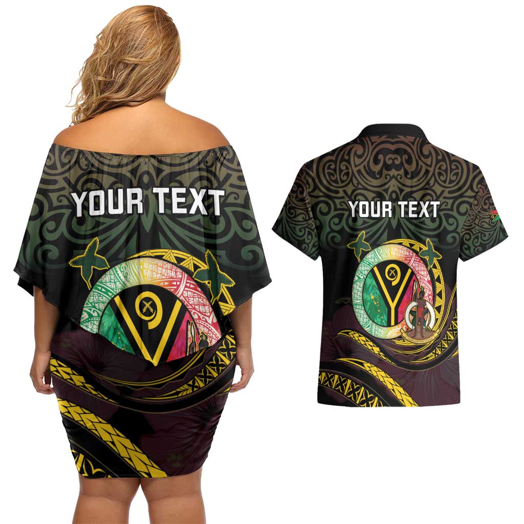 Personalised Vanuatu Couples Matching Off Shoulder Short Dress and Hawaiian Shirt Yumi 45th Hapi Independens Dei - Black Version LT14