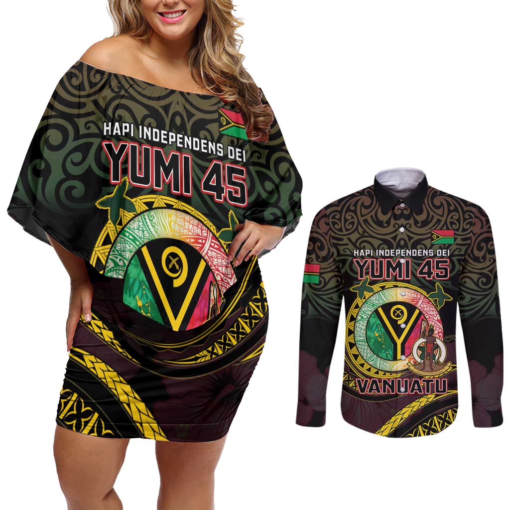 Personalised Vanuatu Couples Matching Off Shoulder Short Dress and Long Sleeve Button Shirt Yumi 45th Hapi Independens Dei - Black Version LT14