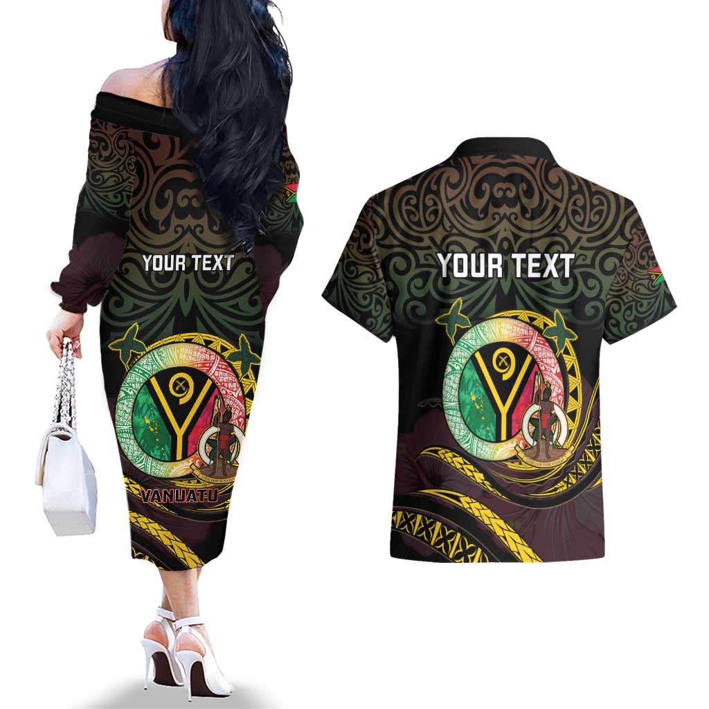 Personalised Vanuatu Couples Matching Off The Shoulder Long Sleeve Dress and Hawaiian Shirt Yumi 45th Hapi Independens Dei - Black Version LT14