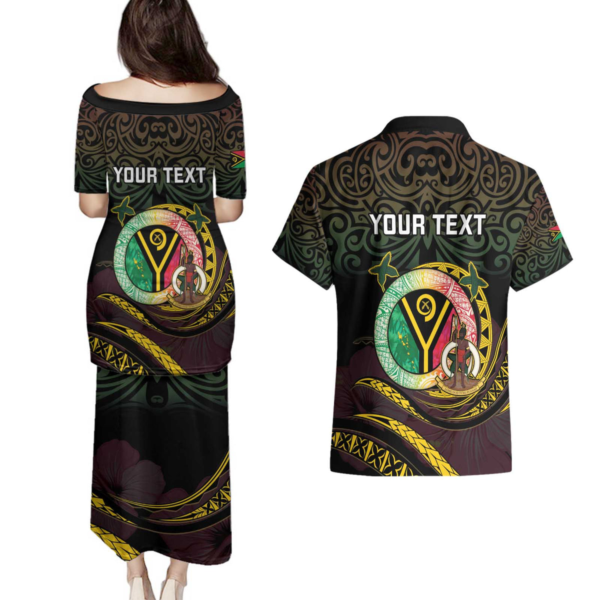 Personalised Vanuatu Couples Matching Puletasi and Hawaiian Shirt Yumi 45th Hapi Independens Dei - Black Version LT14