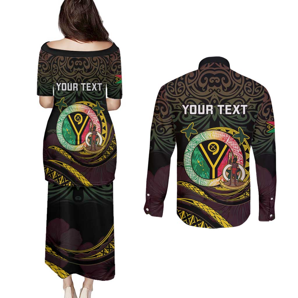 Personalised Vanuatu Couples Matching Puletasi and Long Sleeve Button Shirt Yumi 45th Hapi Independens Dei - Black Version LT14