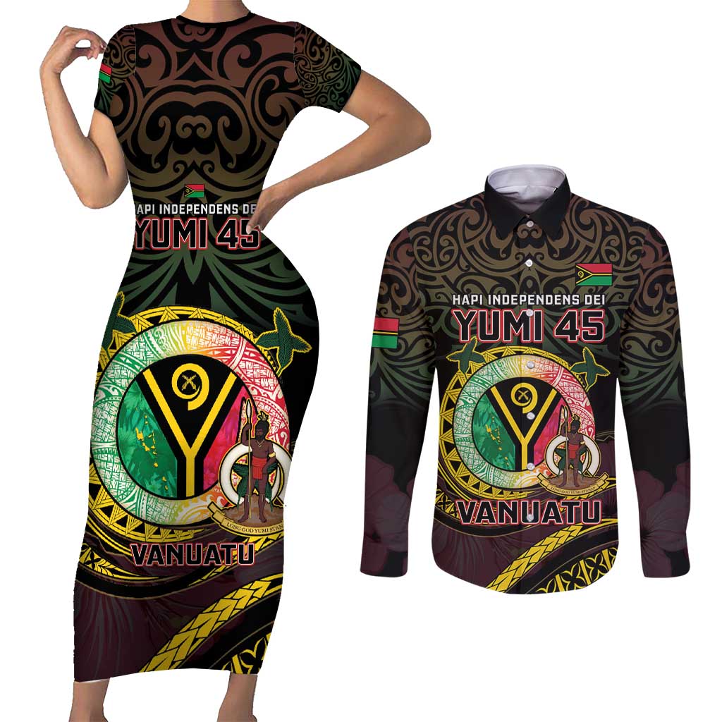 Personalised Vanuatu Couples Matching Short Sleeve Bodycon Dress and Long Sleeve Button Shirt Yumi 45th Hapi Independens Dei - Black Version LT14