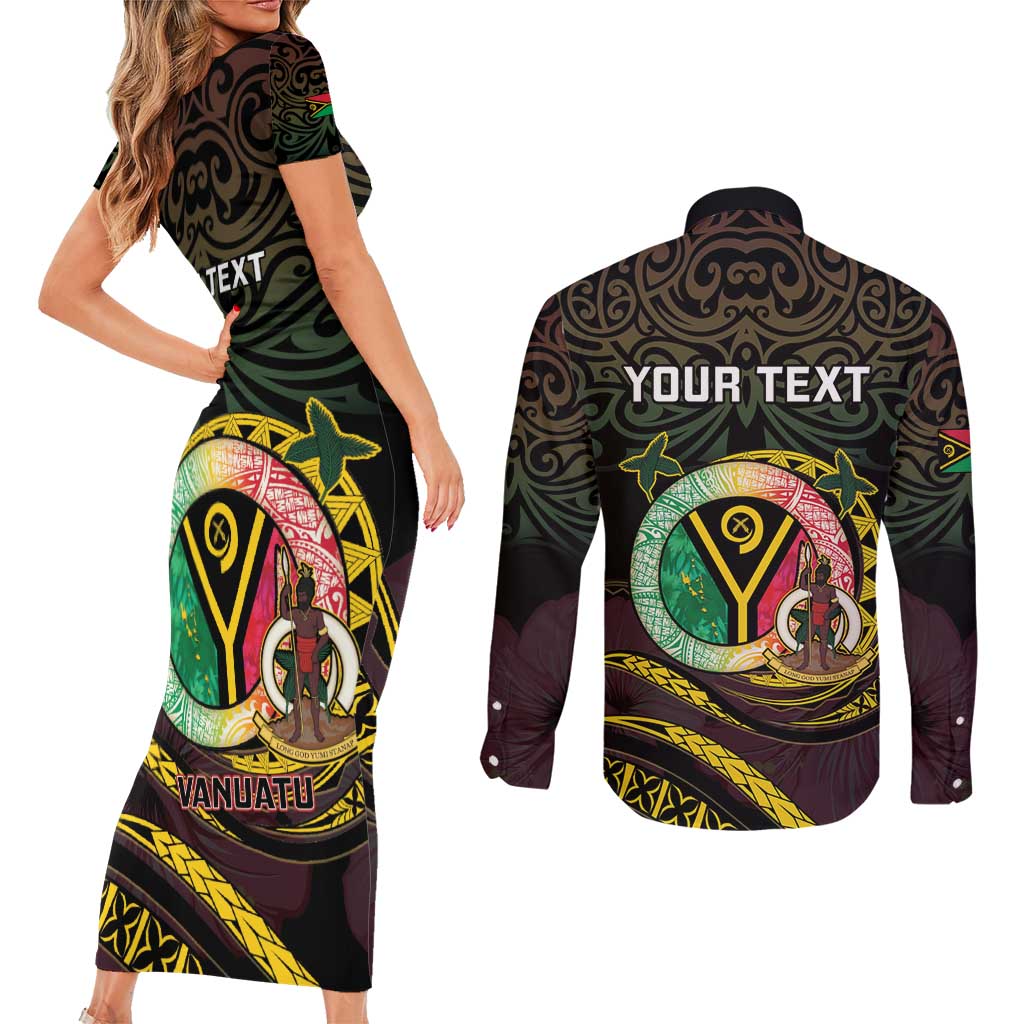 Personalised Vanuatu Couples Matching Short Sleeve Bodycon Dress and Long Sleeve Button Shirt Yumi 45th Hapi Independens Dei - Black Version LT14