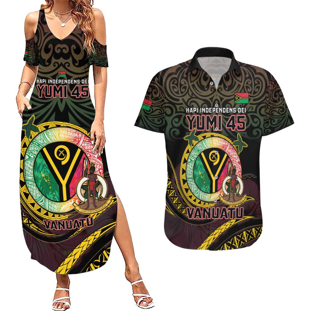 Personalised Vanuatu Couples Matching Summer Maxi Dress and Hawaiian Shirt Yumi 45th Hapi Independens Dei - Black Version LT14