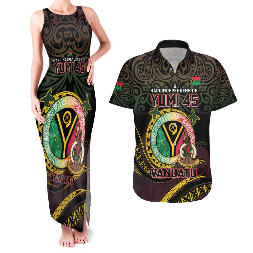 Personalised Vanuatu Couples Matching Tank Maxi Dress and Hawaiian Shirt Yumi 45th Hapi Independens Dei - Black Version LT14