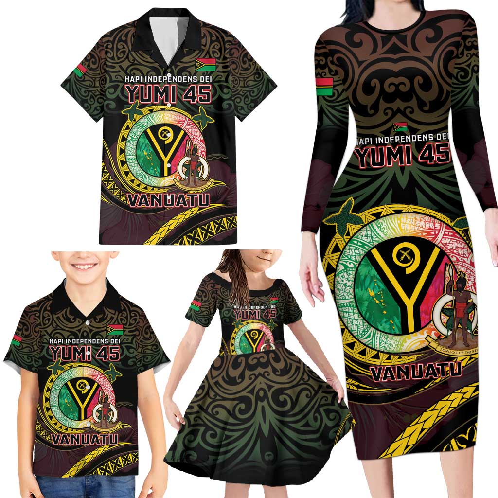 Personalised Vanuatu Family Matching Long Sleeve Bodycon Dress and Hawaiian Shirt Yumi 45th Hapi Independens Dei - Black Version LT14