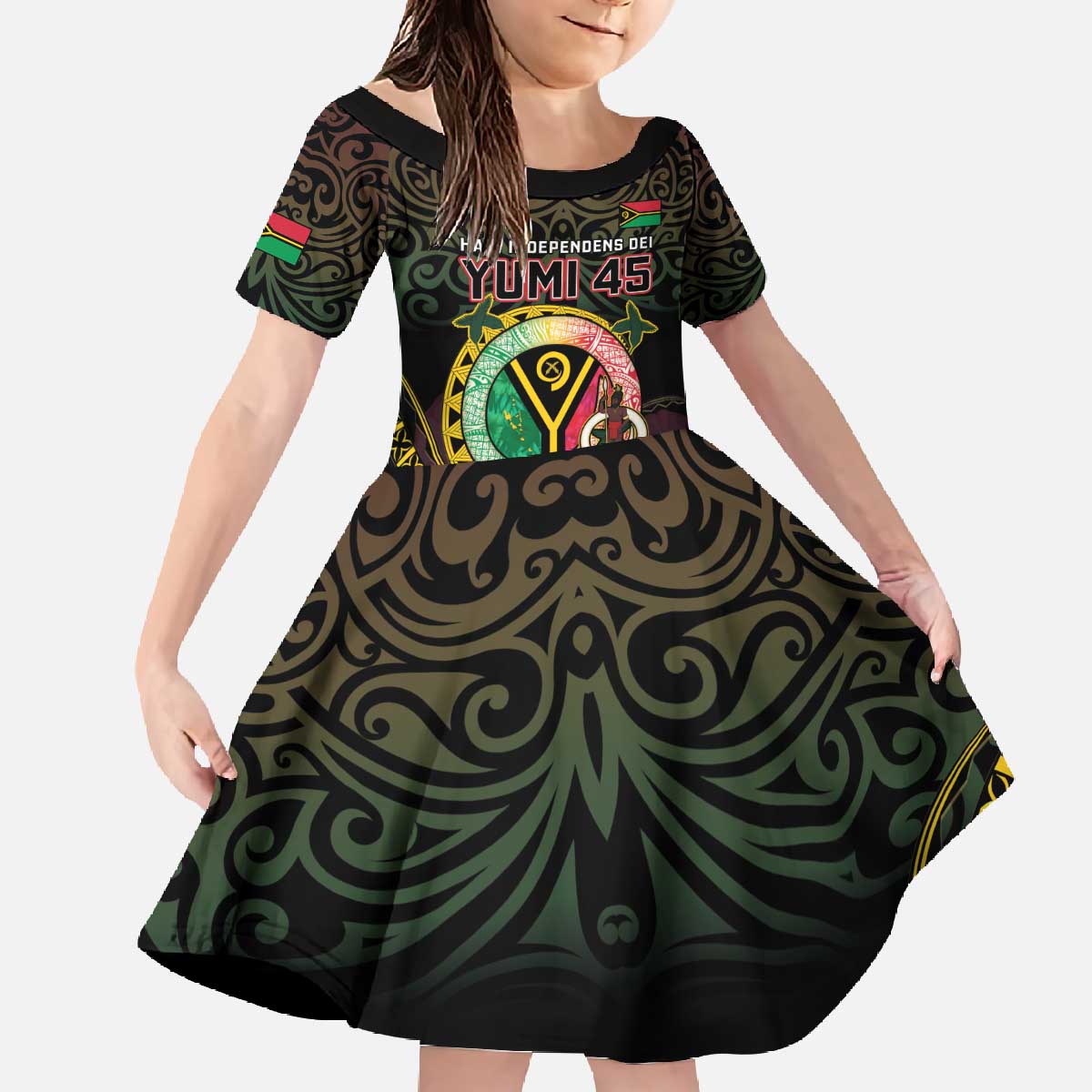 Personalised Vanuatu Family Matching Off The Shoulder Long Sleeve Dress and Hawaiian Shirt Yumi 45th Hapi Independens Dei - Black Version LT14