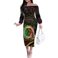 Personalised Vanuatu Family Matching Off The Shoulder Long Sleeve Dress and Hawaiian Shirt Yumi 45th Hapi Independens Dei - Black Version LT14