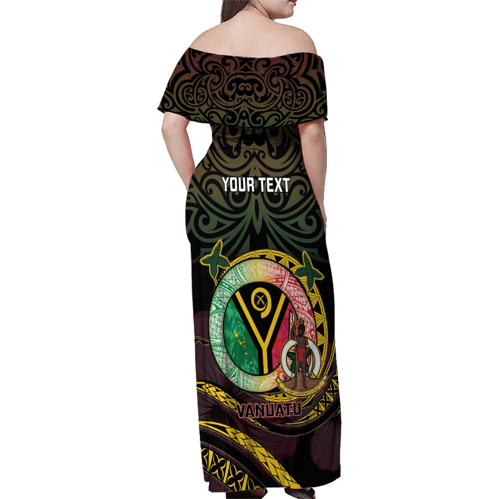 Personalised Vanuatu Family Matching Off Shoulder Maxi Dress and Hawaiian Shirt Yumi 45th Hapi Independens Dei - Black Version LT14