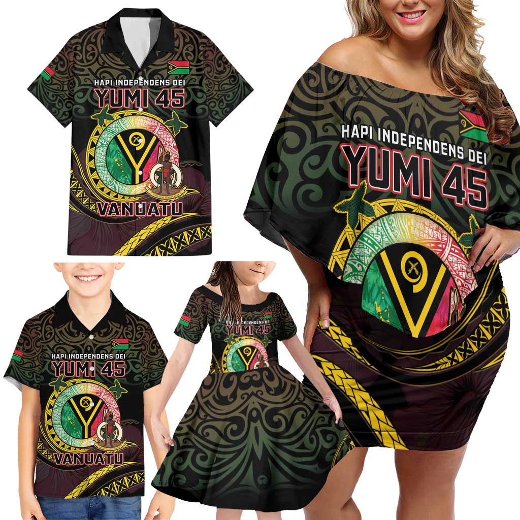 Personalised Vanuatu Family Matching Off Shoulder Short Dress and Hawaiian Shirt Yumi 45th Hapi Independens Dei - Black Version LT14