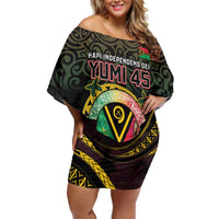 Personalised Vanuatu Family Matching Off Shoulder Short Dress and Hawaiian Shirt Yumi 45th Hapi Independens Dei - Black Version LT14