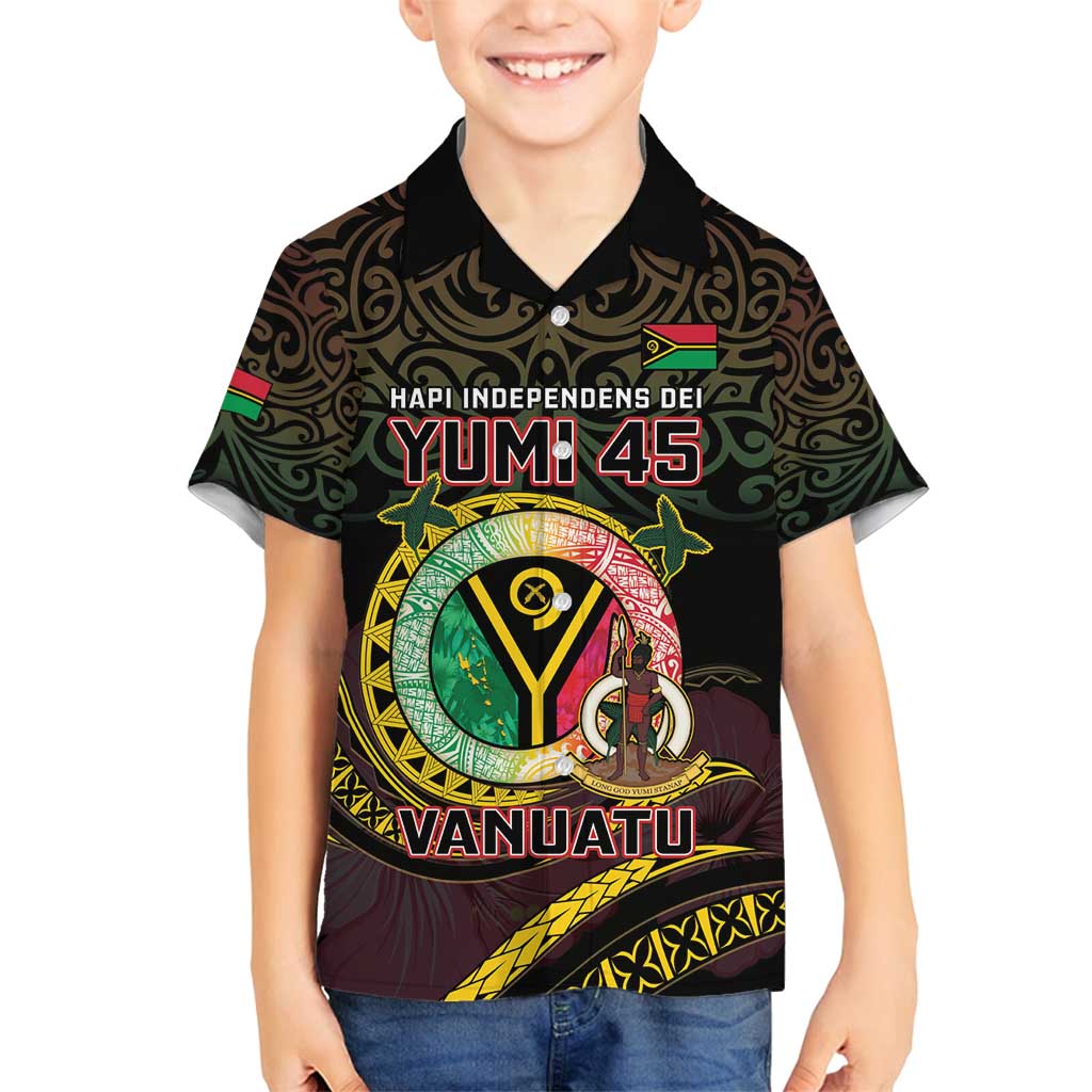 Personalised Vanuatu Family Matching Off Shoulder Short Dress and Hawaiian Shirt Yumi 45th Hapi Independens Dei - Black Version LT14