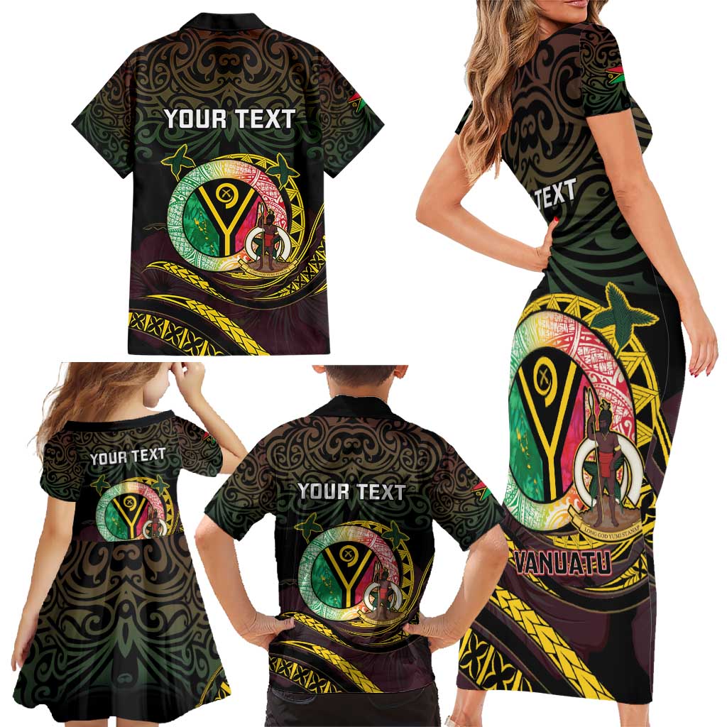 Personalised Vanuatu Family Matching Short Sleeve Bodycon Dress and Hawaiian Shirt Yumi 45th Hapi Independens Dei - Black Version LT14