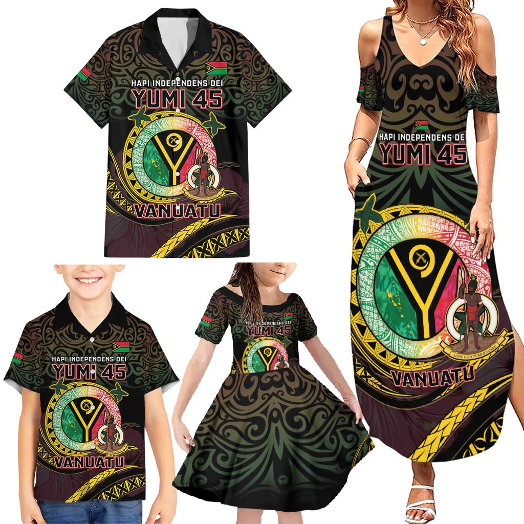 Personalised Vanuatu Family Matching Summer Maxi Dress and Hawaiian Shirt Yumi 45th Hapi Independens Dei - Black Version LT14