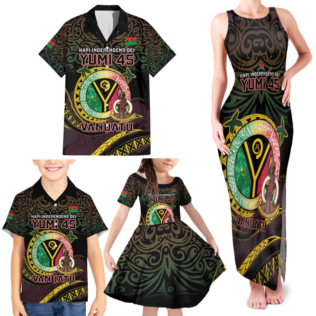 Personalised Vanuatu Family Matching Tank Maxi Dress and Hawaiian Shirt Yumi 45th Hapi Independens Dei - Black Version LT14