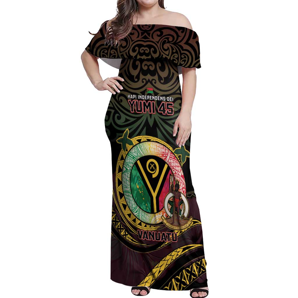 Personalised Vanuatu Off Shoulder Maxi Dress Yumi 45th Hapi Independens Dei - Black Version LT14