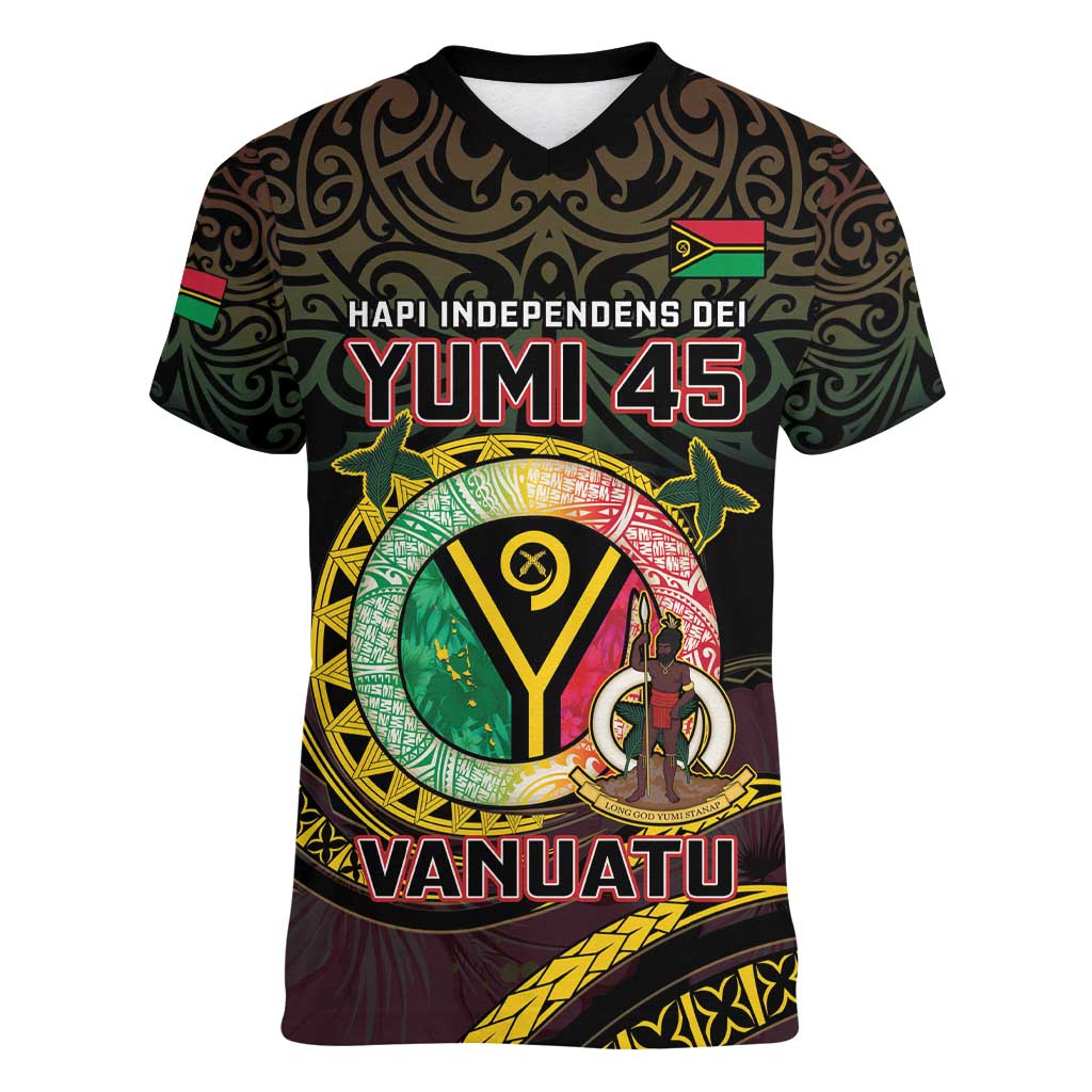 Personalised Vanuatu Women V-Neck T-Shirt Yumi 45th Hapi Independens Dei - Black Version LT14