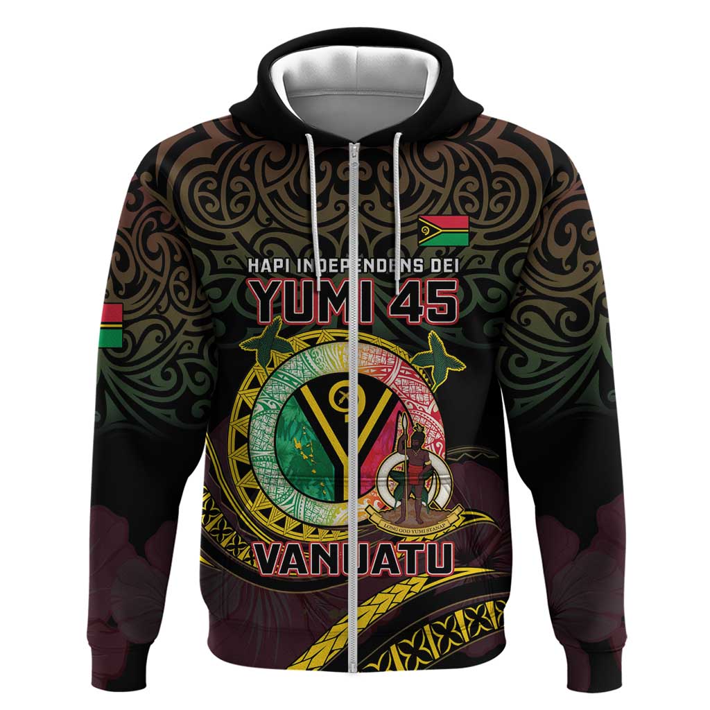 Personalised Vanuatu Zip Hoodie Yumi 45th Hapi Independens Dei - Black Version LT14