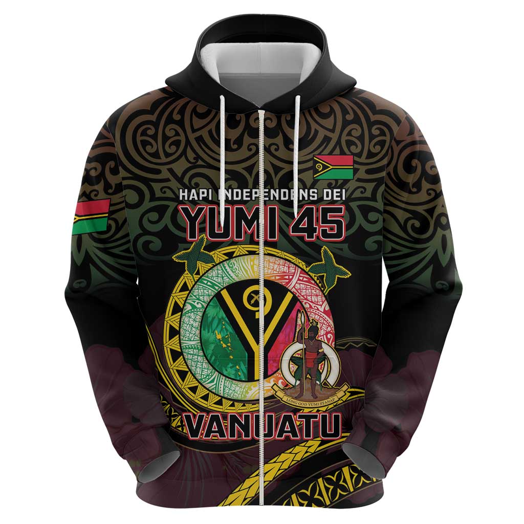 Personalised Vanuatu Zip Hoodie Yumi 45th Hapi Independens Dei - Black Version LT14