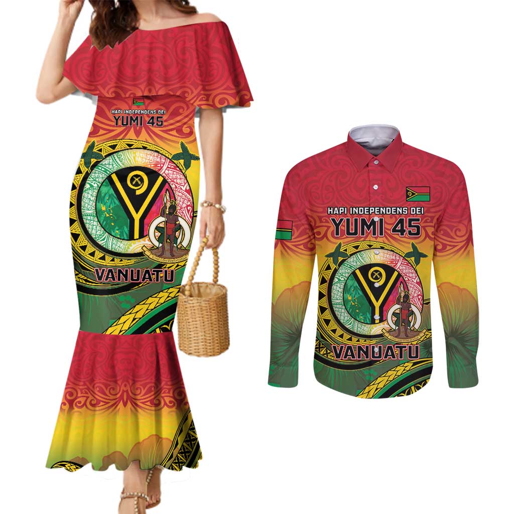 Personalised Vanuatu Couples Matching Mermaid Dress and Long Sleeve Button Shirt Yumi 45th Hapi Independens Dei - Reggae Version LT14