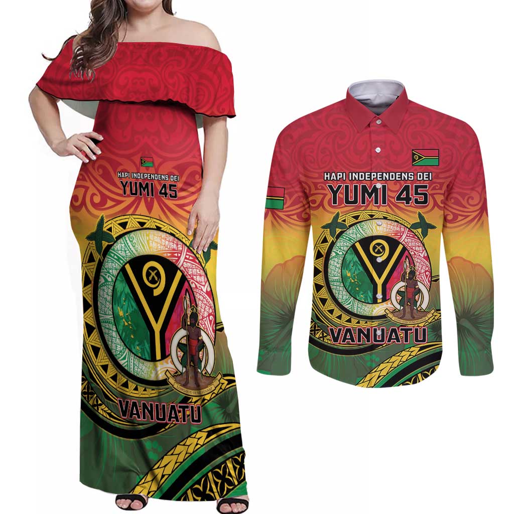 Personalised Vanuatu Couples Matching Off Shoulder Maxi Dress and Long Sleeve Button Shirt Yumi 45th Hapi Independens Dei - Reggae Version LT14