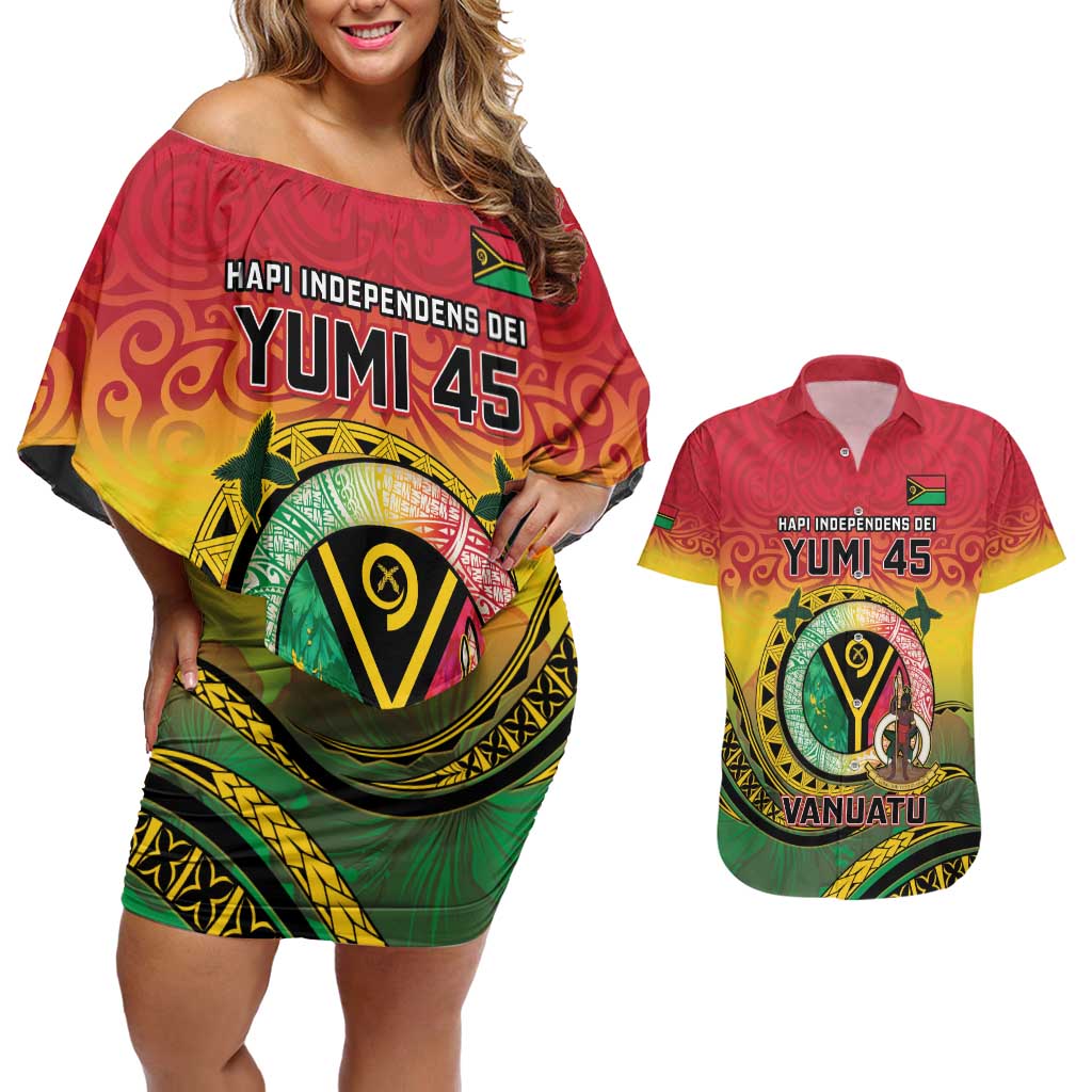 Personalised Vanuatu Couples Matching Off Shoulder Short Dress and Hawaiian Shirt Yumi 45th Hapi Independens Dei - Reggae Version LT14