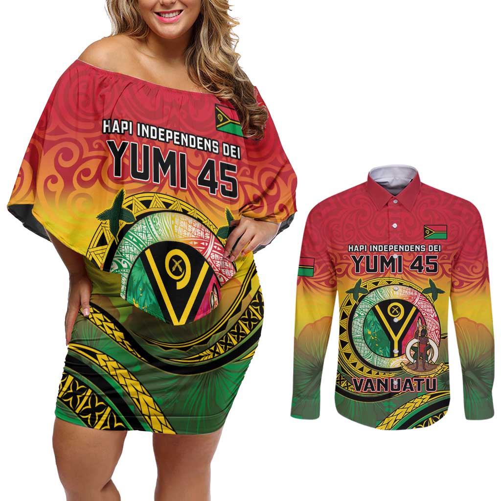 Personalised Vanuatu Couples Matching Off Shoulder Short Dress and Long Sleeve Button Shirt Yumi 45th Hapi Independens Dei - Reggae Version LT14